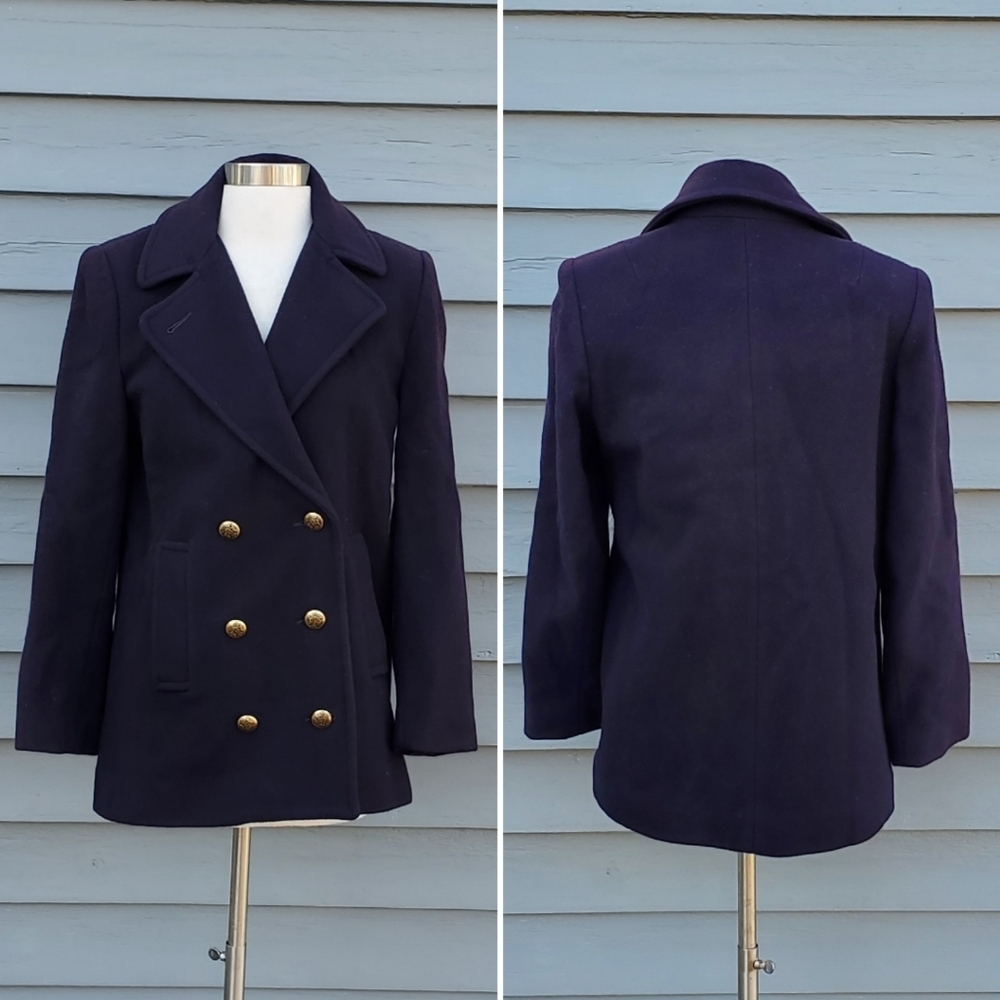 Vintage 80s Union Made Mackintosh Navy Blue Wool Cropped Trench Coat‎ Peacoat 8